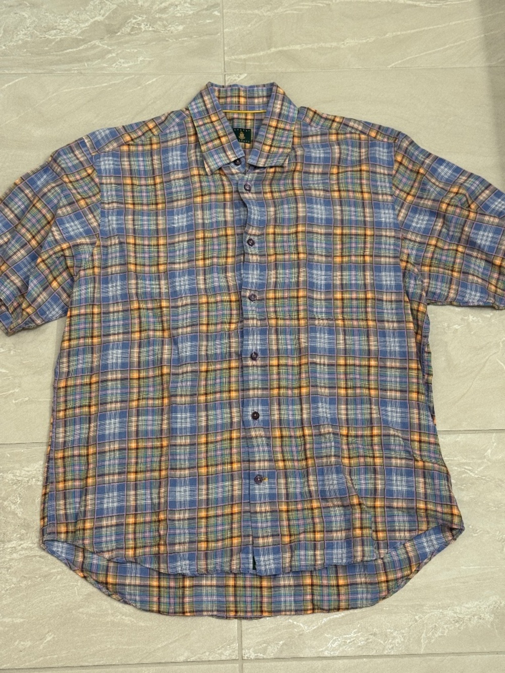 Robert Talbott 100% Linen Patchwork Plaid Short Sleeve Shirt Men’s Large Coastal